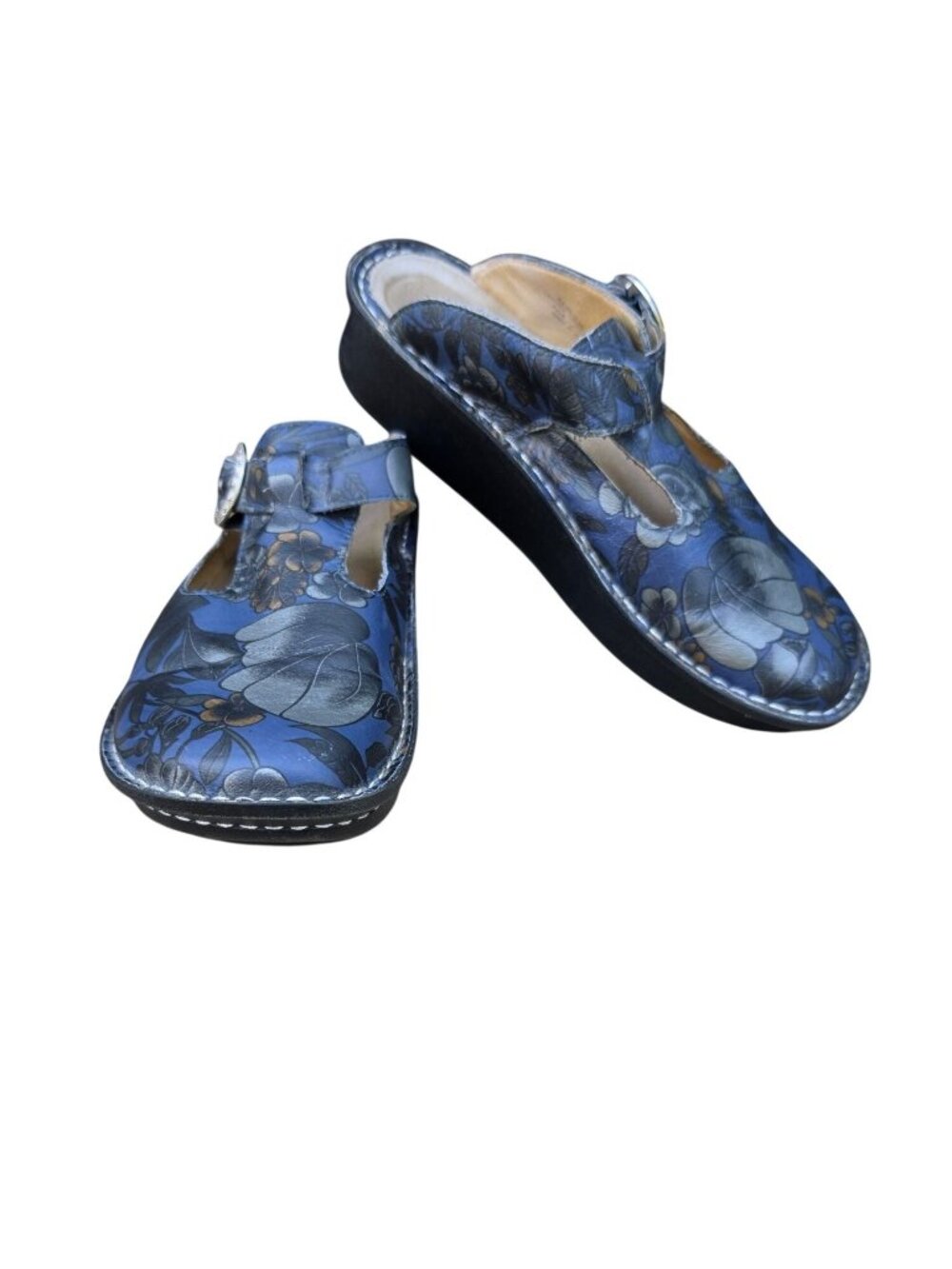 Alegria Blue Floral Leather Clog Mules
